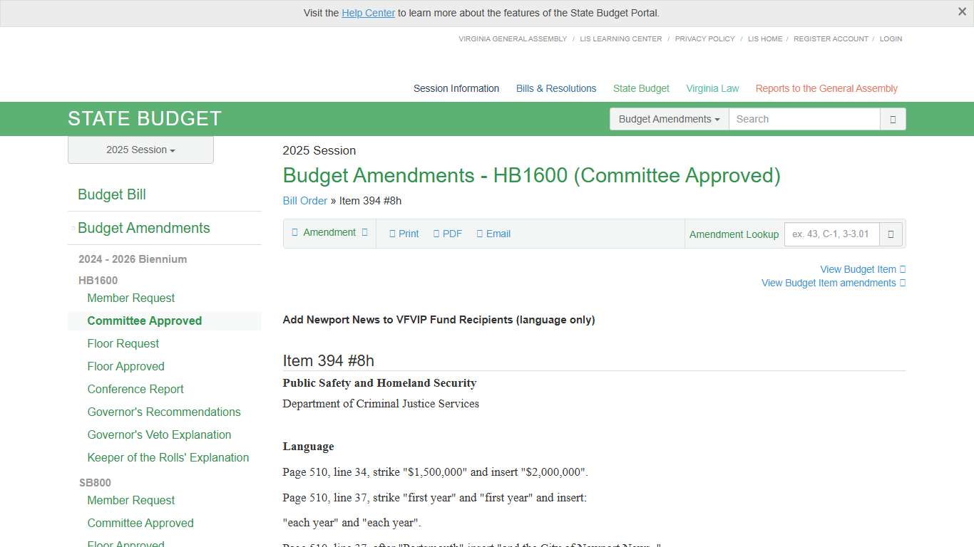 394#8h (DCJS) Add Newport News to VFVIP Fund Recipients. HB1600 - Committee Approved